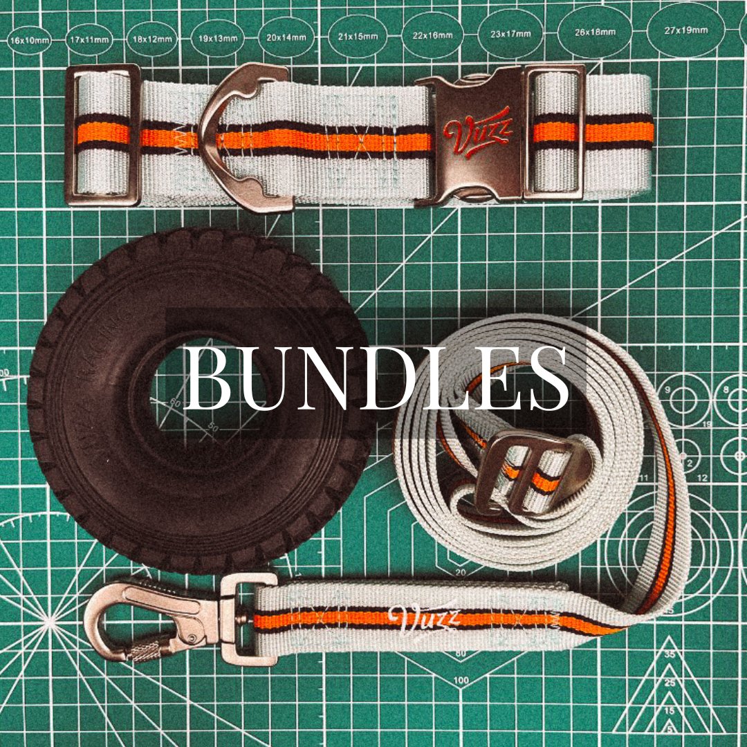 Top down image of Vuzz dog collar, dog leash, and dog toy bundle