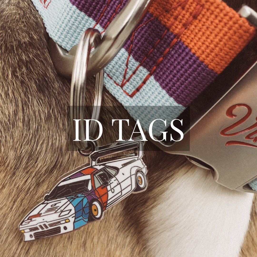 Closeup of a Vuzz dog ID tag on a dog collar worn by a dog