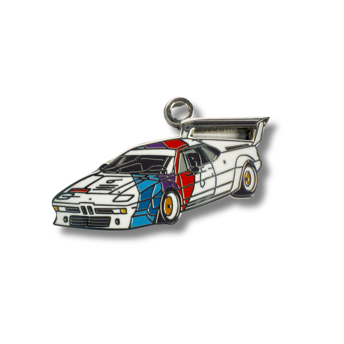 Close-up of RaceDogs BMW M1 Procar ID Tag featuring enamel finish and iconic car-inspired design.