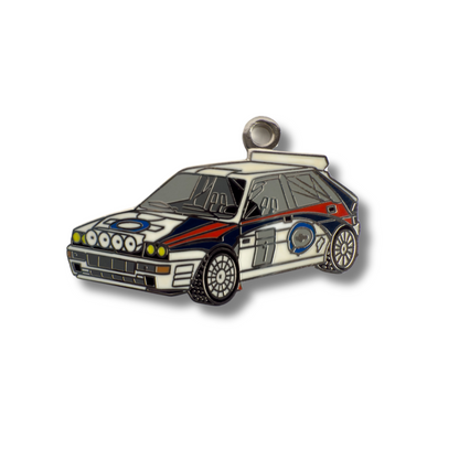 Close-up of RaceDogs Lancia Delta HF ID Tag featuring enamel finish and iconic car-inspired design.